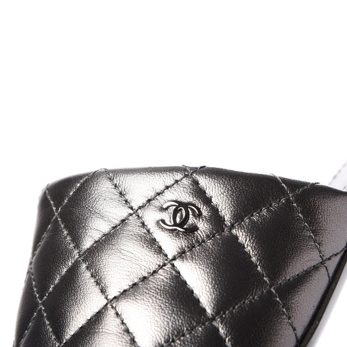 Iridescent Lambskin Quilted CC Chain Mules 37.5 Silver Black