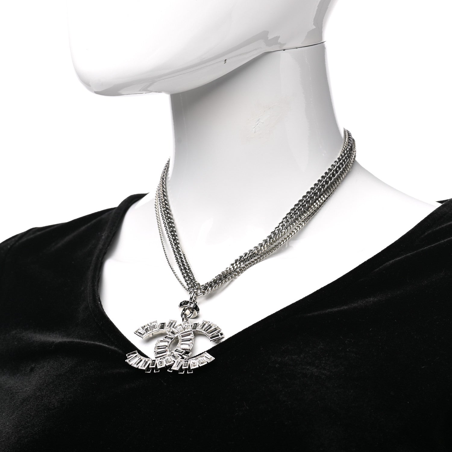 Chanel Baguette Crystal CC Multi Strand Pendant Necklace Silver 2 of 4