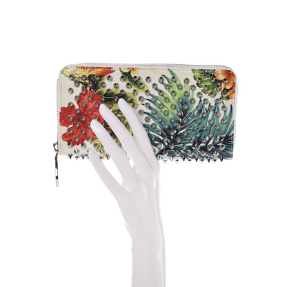 Christian Louboutin Crackled Calfskin Hawaii Print Panettone Spikes Zip Around Wallet White Silver 2 of 8