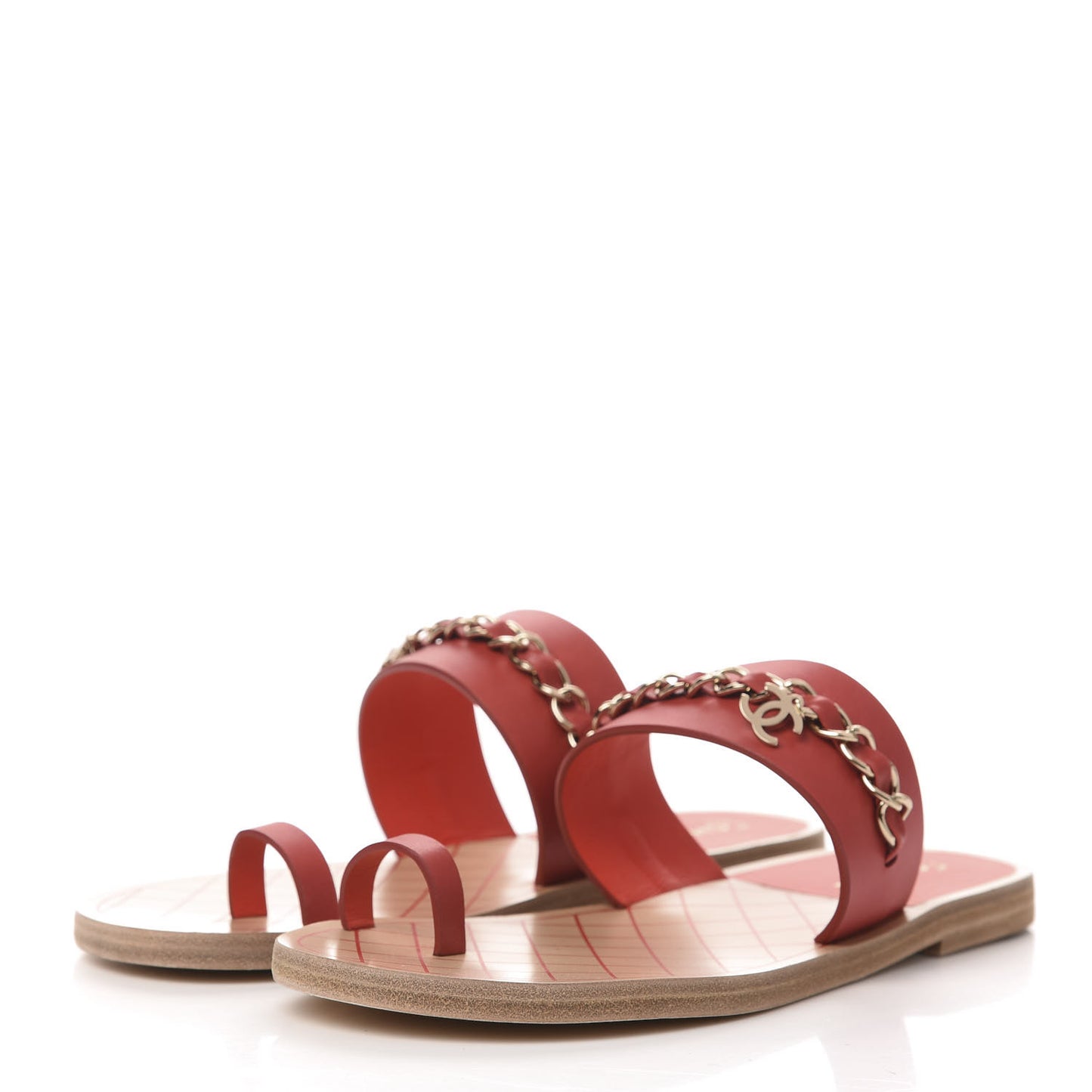 Calfskin Chain CC Logo Toe Ring Sandals 39.5 Red