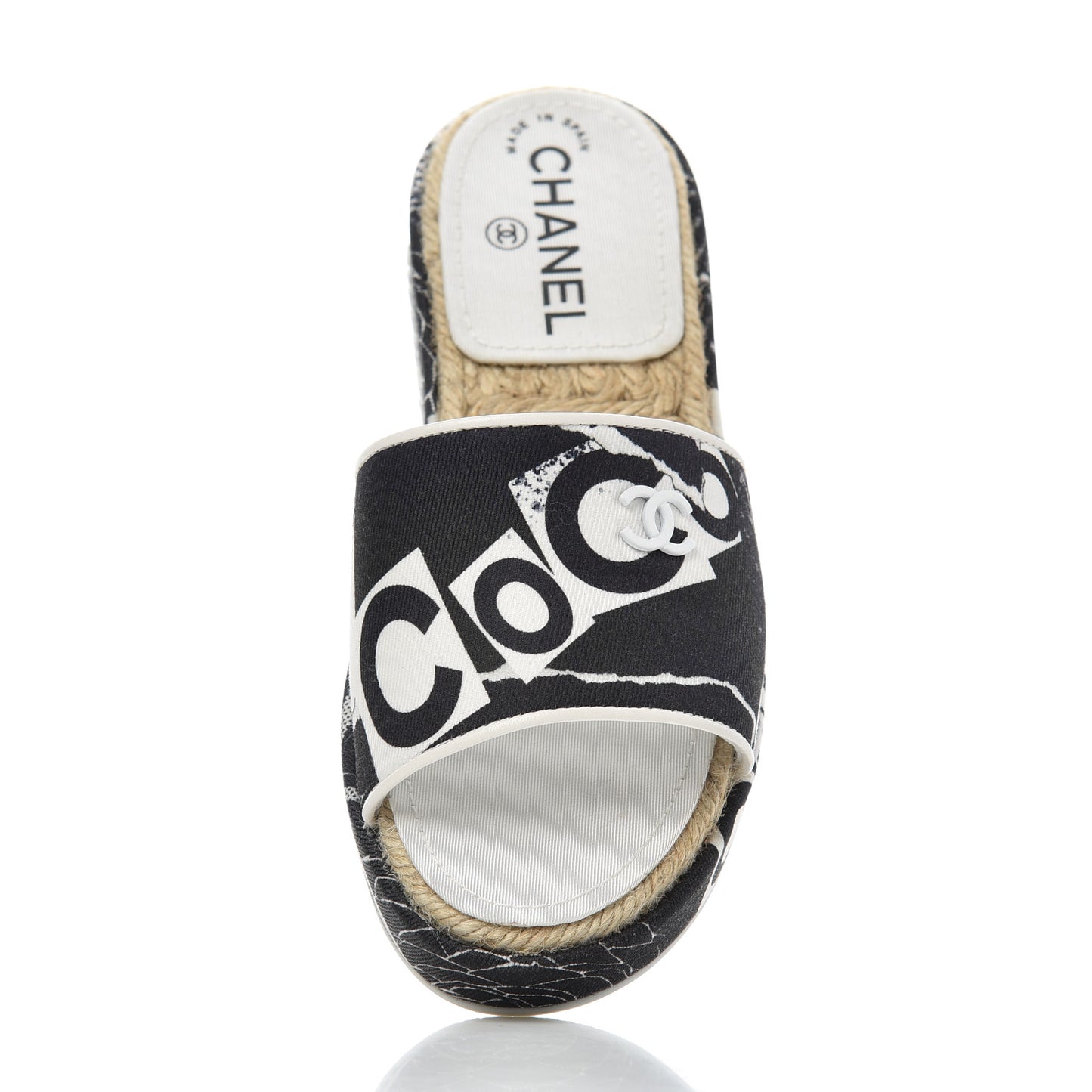 Fabric Grosgrain Printed CC Espadrille Slip On Sandals 36 White Black