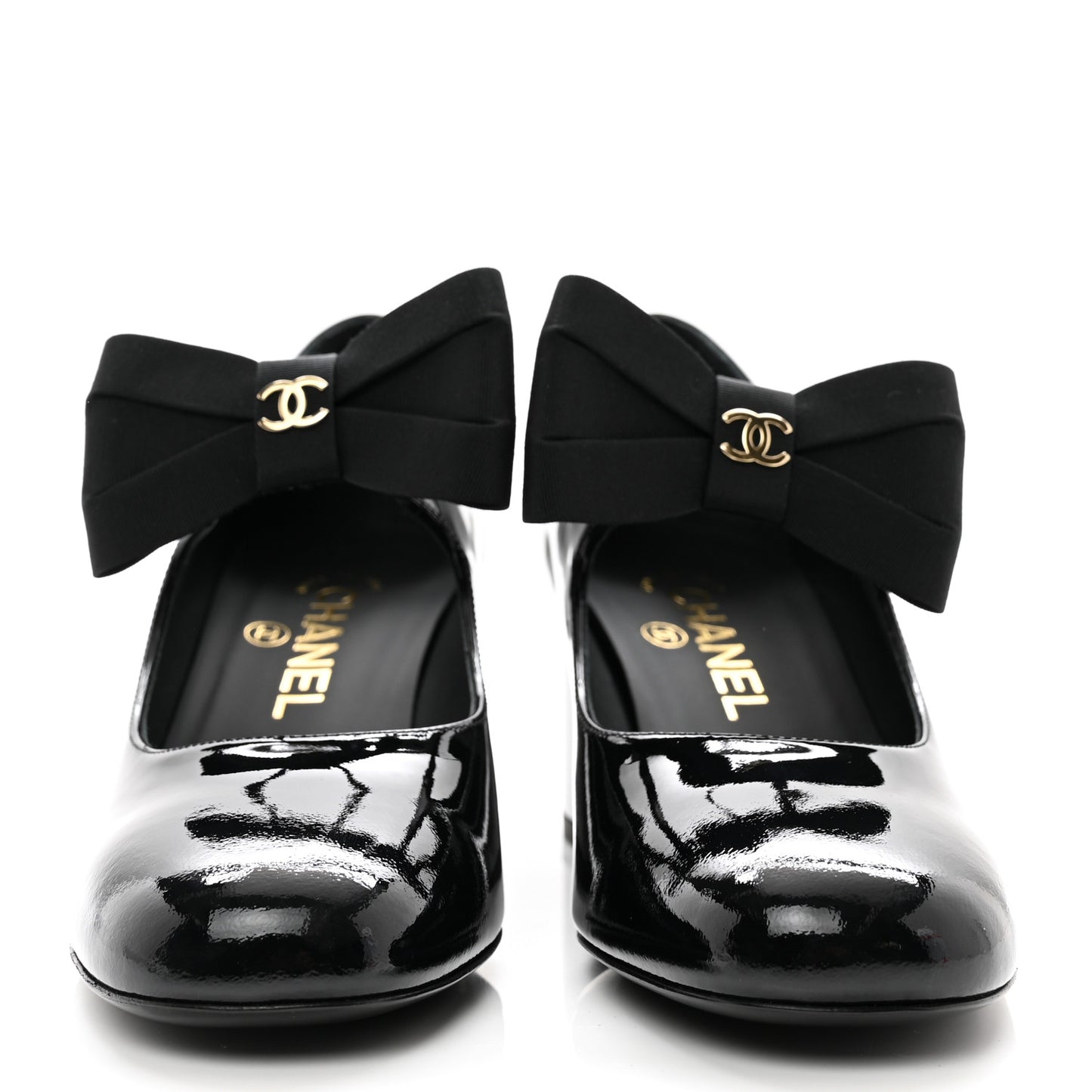 Patent Calfskin Grosgrain CC Mary Jane Pumps 37.5 Black