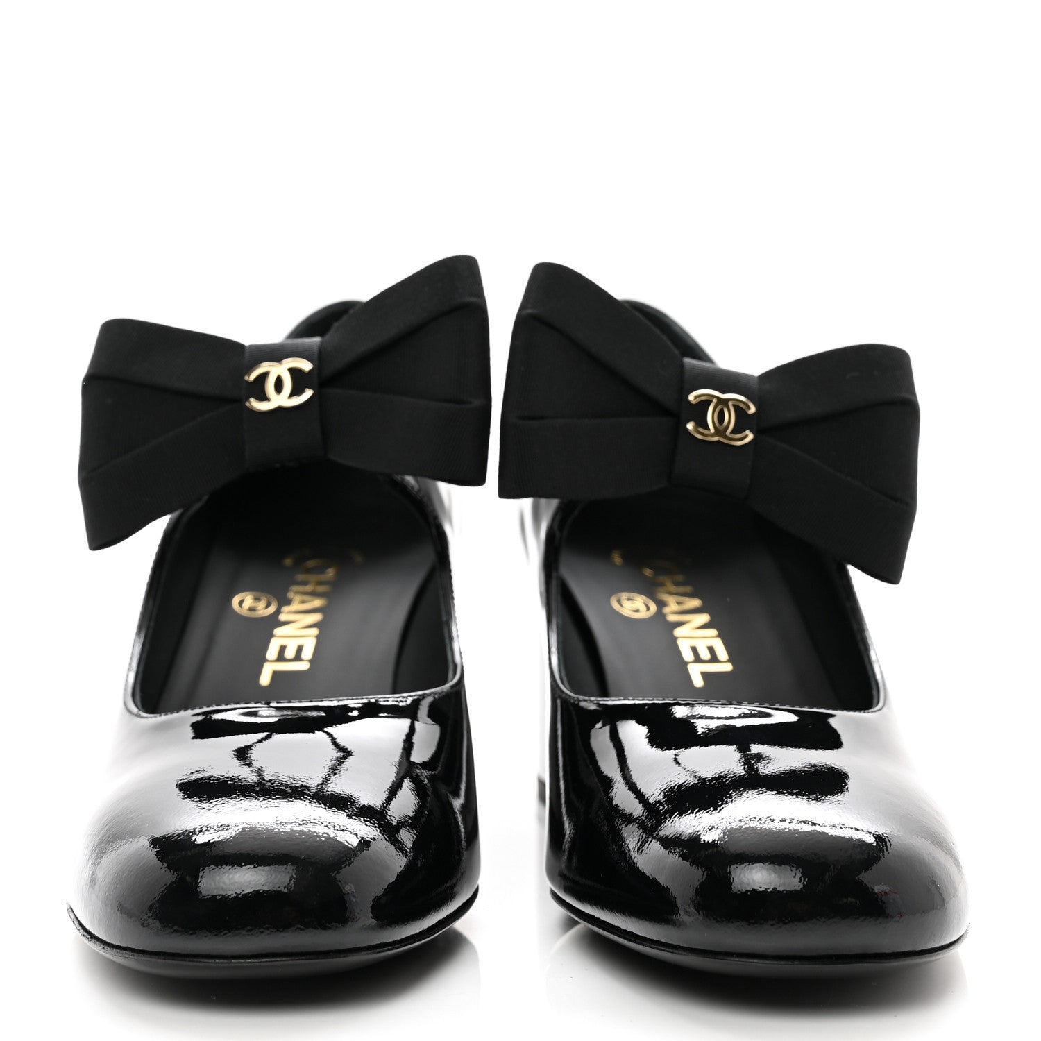 Chanel Patent Calfskin Grosgrain CC Mary Jane Pumps 37.5 Black 2 of 9