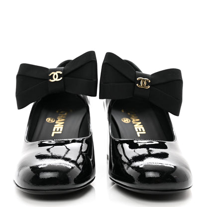 Chanel Patent Calfskin Grosgrain CC Mary Jane Pumps 37.5 Black 2 of 9
