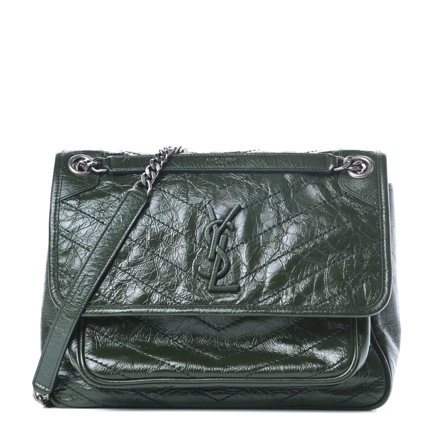 Crinkled Calfskin Matelasse Monogram Medium Niki Chain Satchel Military Olive