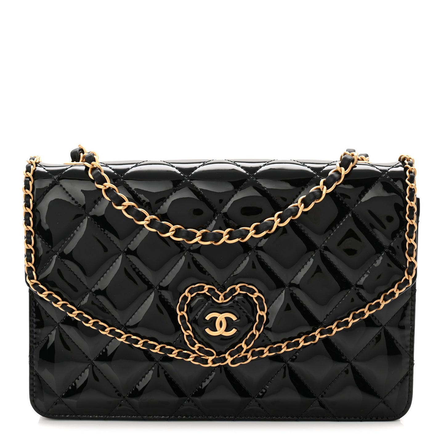 Patent Quilted Chain Around Heart Flap Black