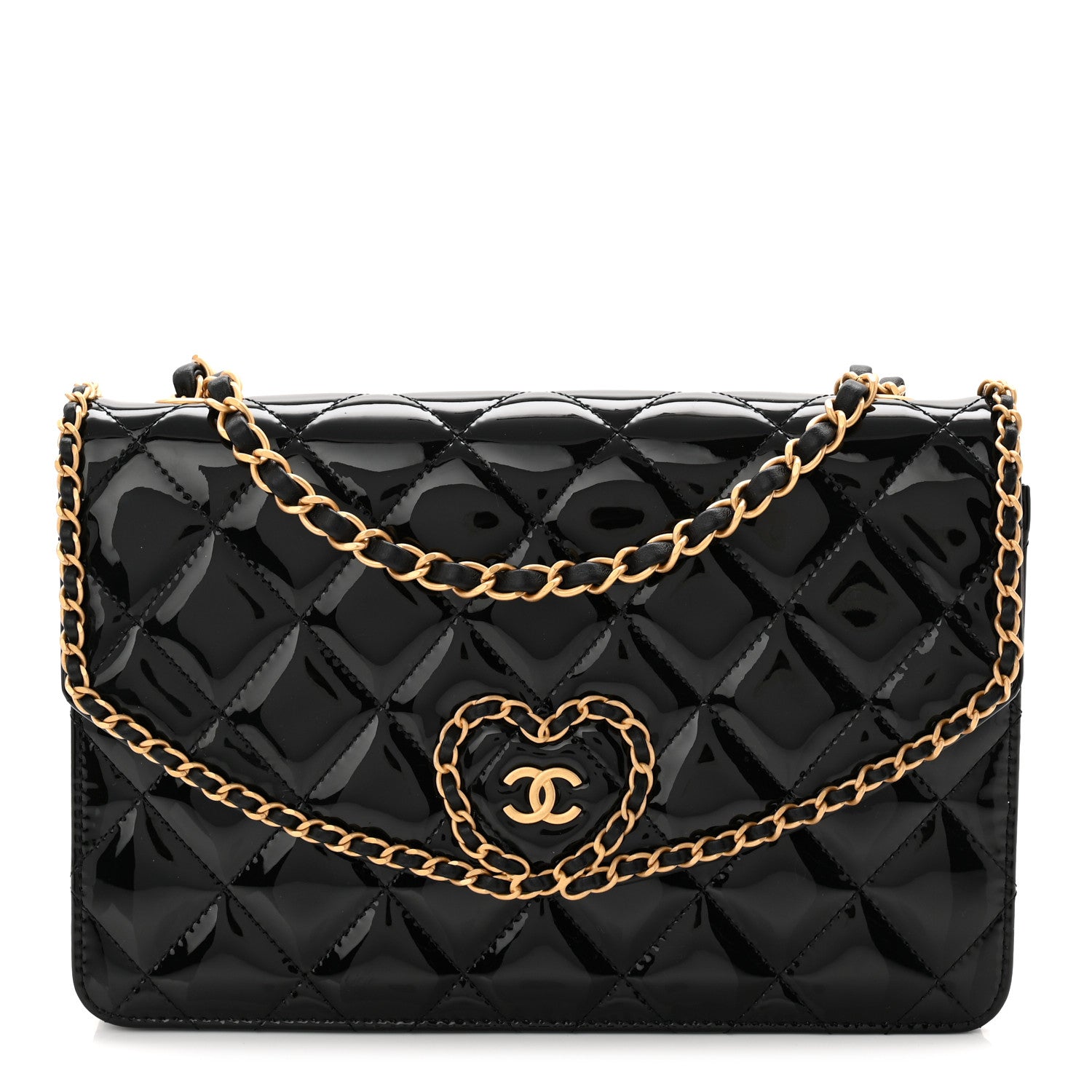 Chanel Patent Quilted Chain Around Heart Flap Black 1 of 11