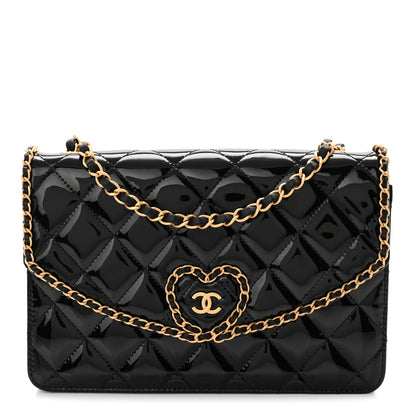 Chanel Patent Quilted Chain Around Heart Flap Black 1 of 11