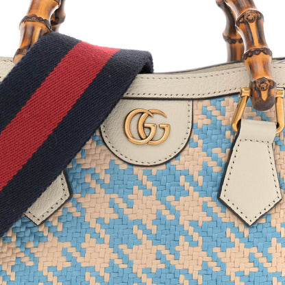 Gucci Raffia Textured Dollar Calfskin Web Houndstooth Mini Diana Tote Bag Light Blue Natural Deep Orange 8 of 12
