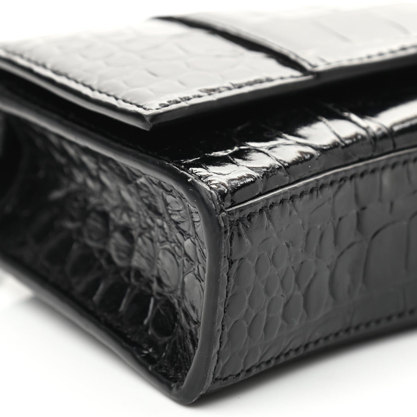Shiny Calfskin Monochrome Crocodile Embossed Hourglass Chain Bag Black