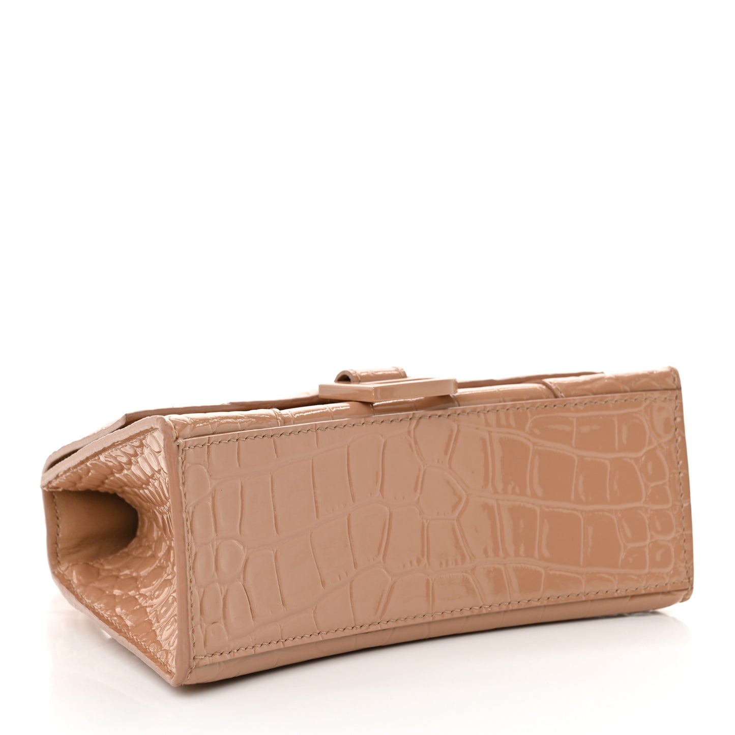 Shiny Calfskin Monochrome Crocodile Embossed Hourglass Top Handle Bag XS Nude Beige