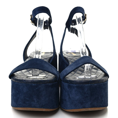 Chanel Suede Calfskin Platform Wedge Sandals 39 Blue 2 of 8