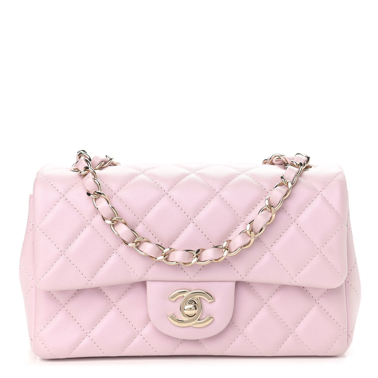 Iridescent Calfskin Quilted Mini Rectangular Flap Light Pink