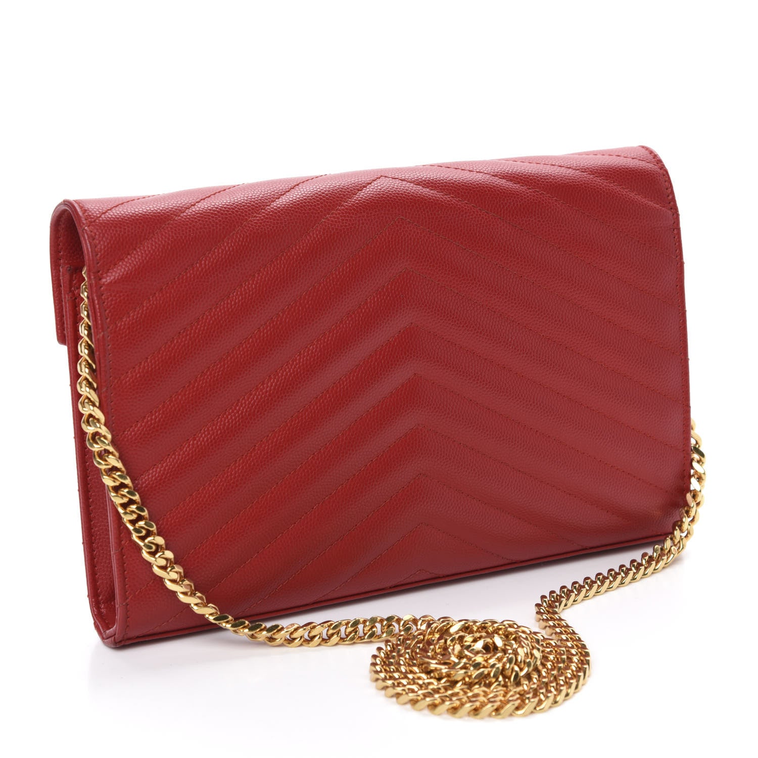 Saint Laurent Grain De Poudre Matelasse Chevron Monogram Chain Wallet Red 3 of 12