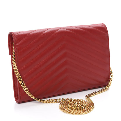 Saint Laurent Grain De Poudre Matelasse Chevron Monogram Chain Wallet Red 3 of 12