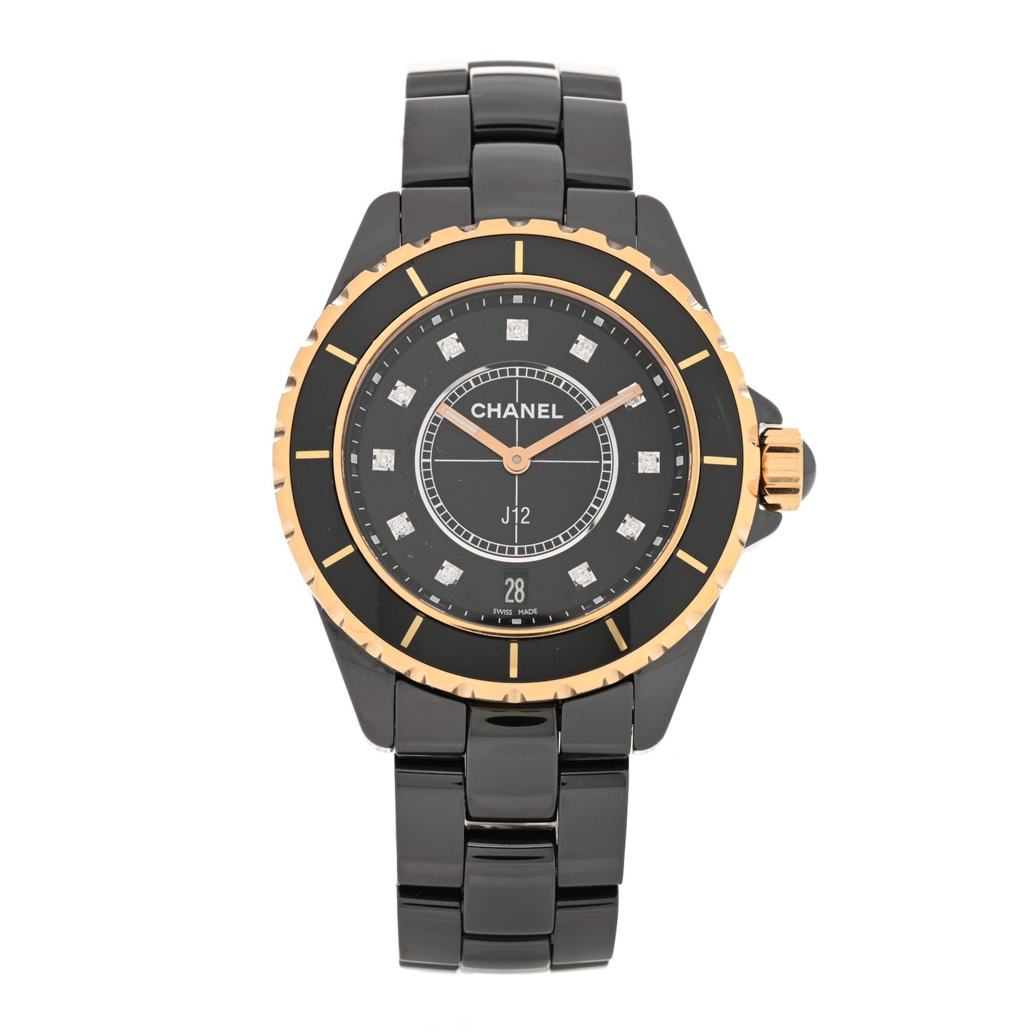 Stainless Steel 18K Yellow Gold Ceramic Diamond 38mm J12 Quartz Watch Black