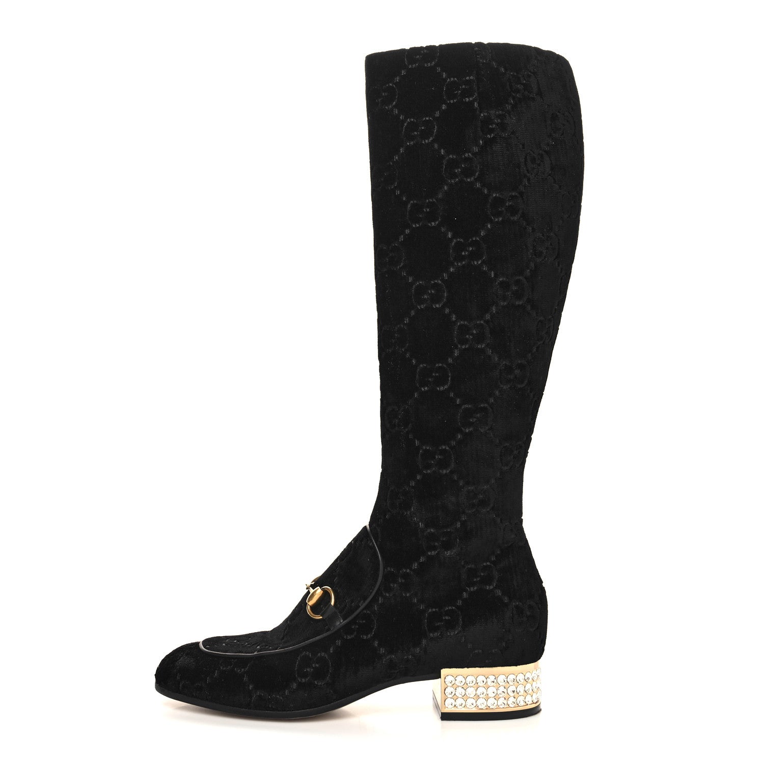 Gucci Velvet GG Monogram Crystal Horsebit Knee High Boots 38.5 Black 1 of 7