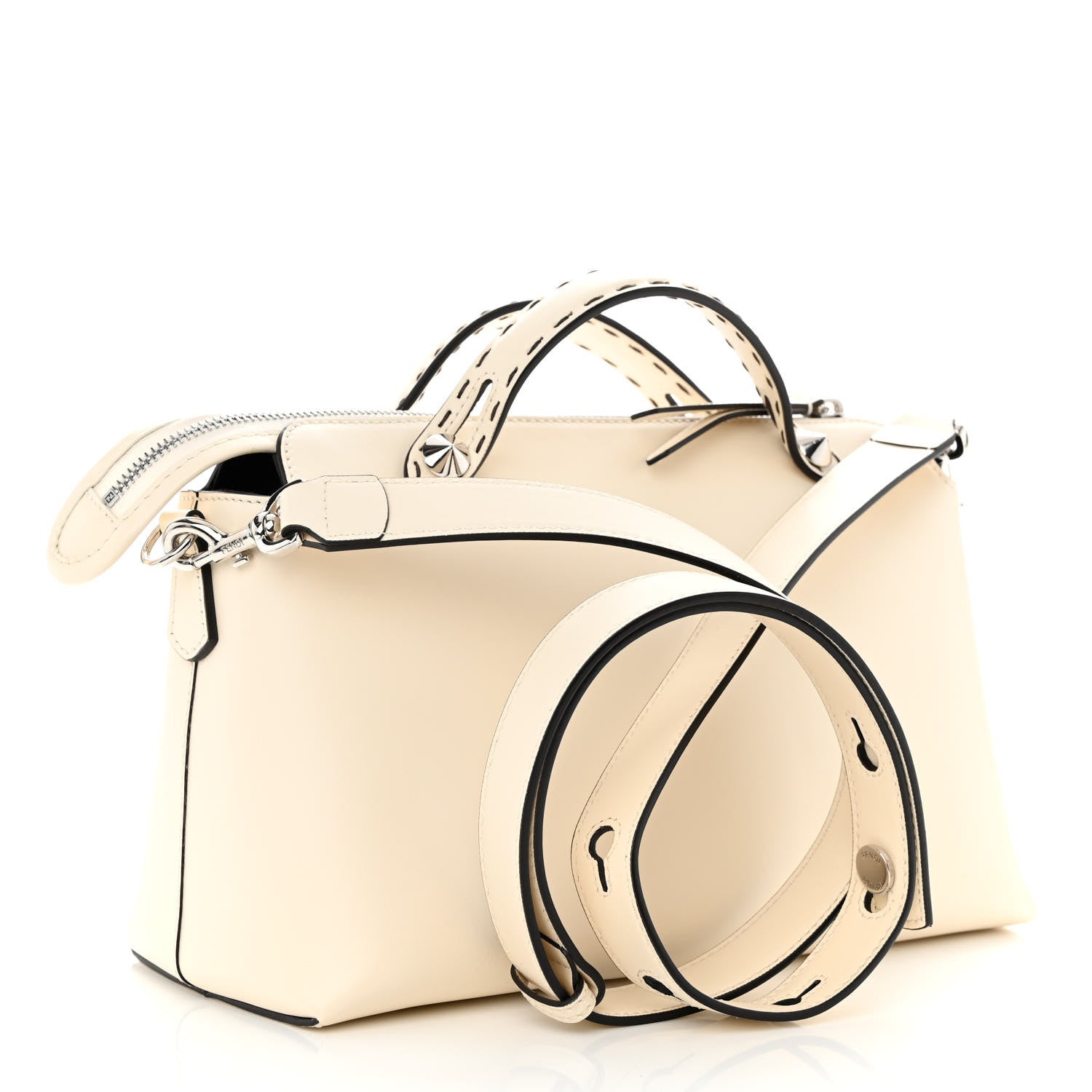 Fendi Vitello King Logo Embossed Medium By The Way Boston Bag White Ice 3 of 12