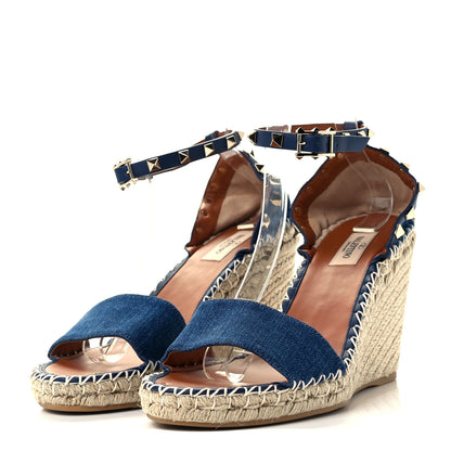 Valentino Garavani Denim Rockstud Ankle Strap Espadrille 15/105mm Wedge Sandals 41 Light Denim 3 of 8