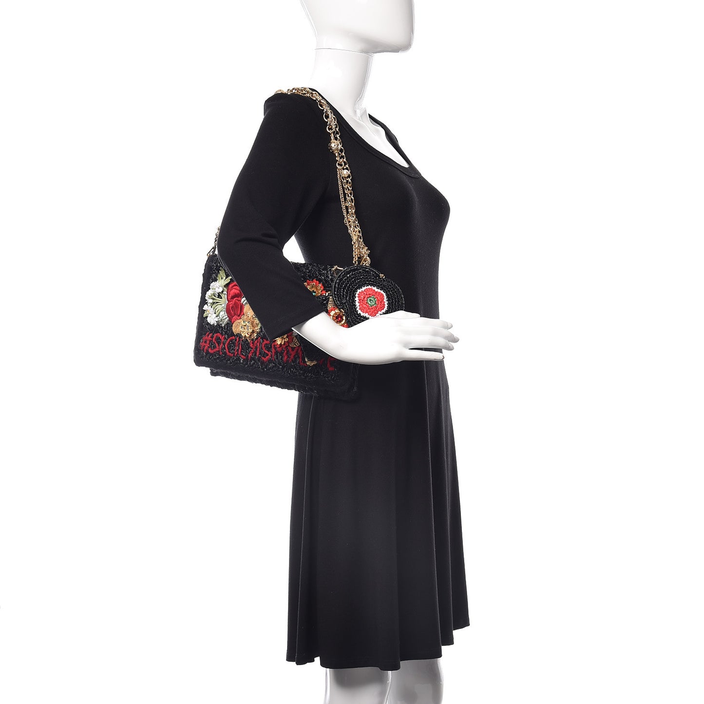 Woven Raffia Embellished Chain Flap Bag Black Multicolor