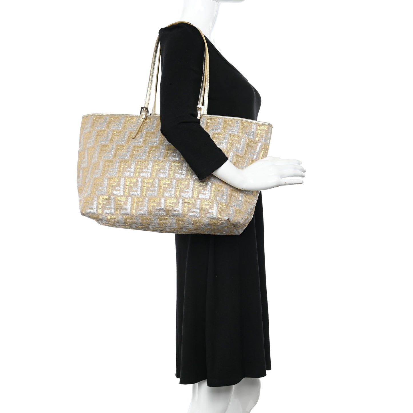 Metallic Canvas Zucca Roll Tote Beige Oro