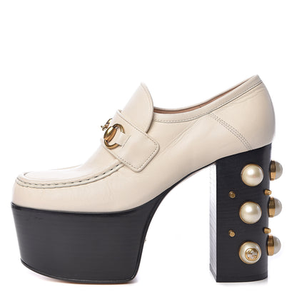 Gucci Malaga Kid Pearl Studded Vegas Platform Loafers 37 Mystic White 1 of 14