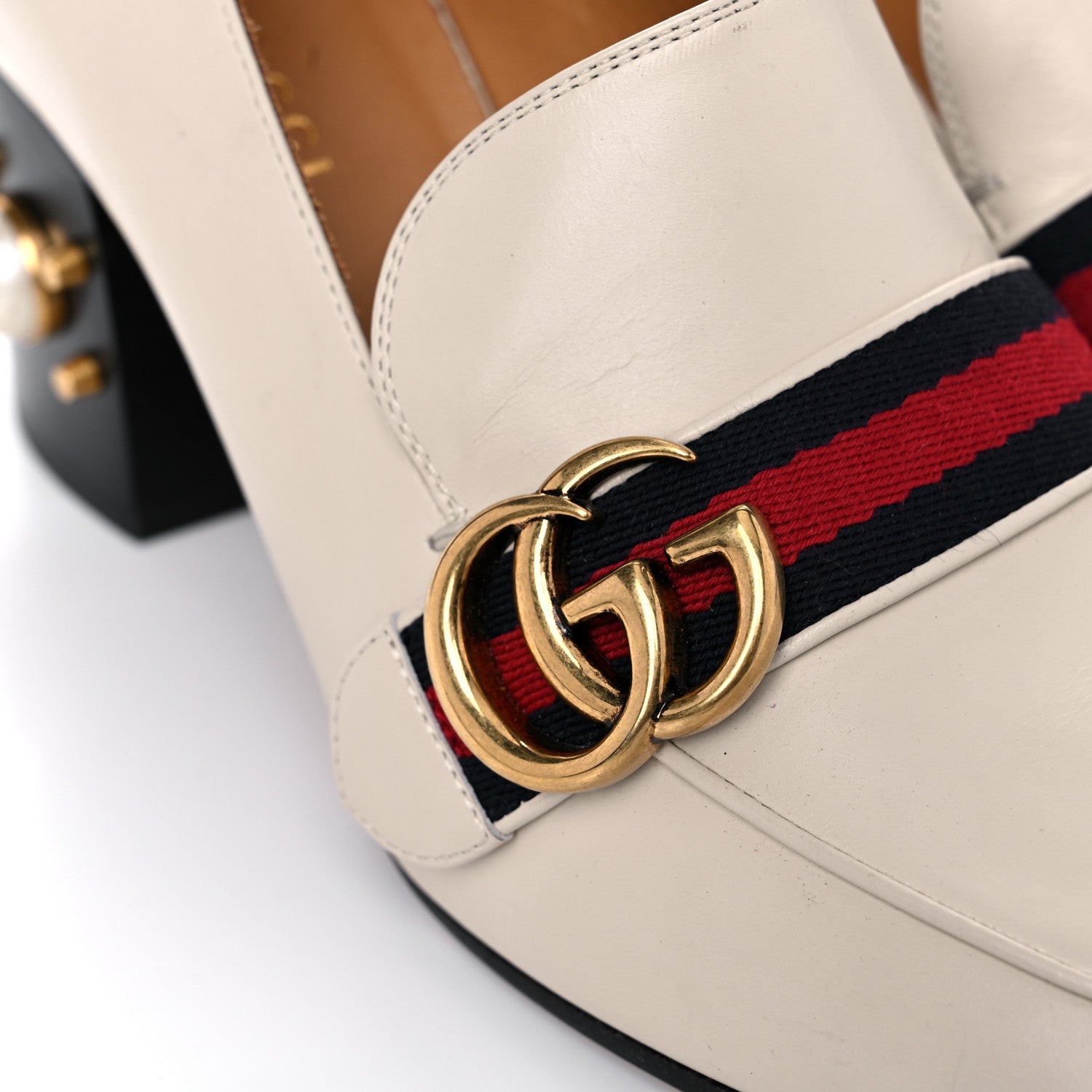 Gucci Betis Glamour Calfskin Web Pearl Embellished Peyton 75mm Loafer Pumps 39.5 Mystic White 15 of 17