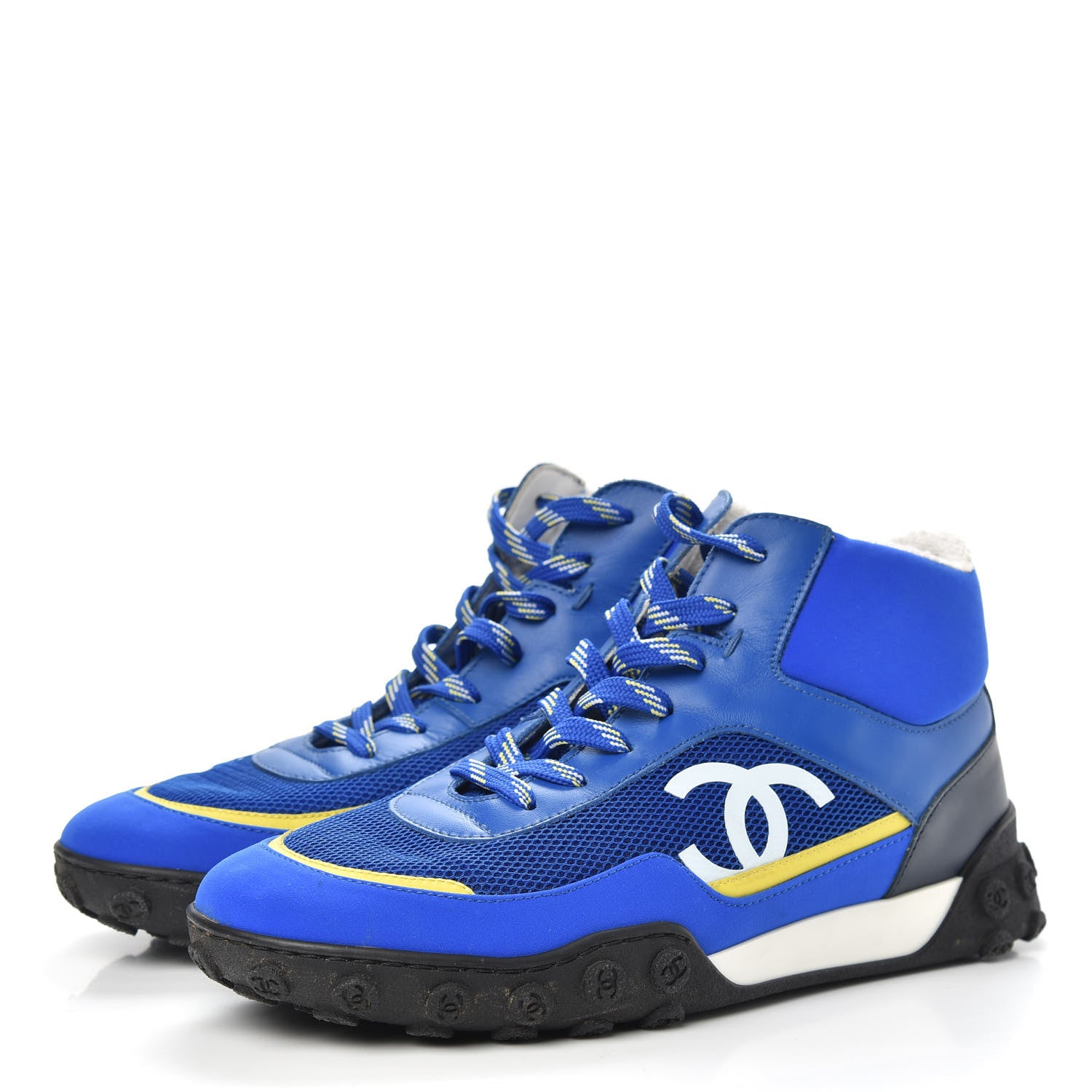 Chanel Calfskin Mesh Lycra Womens Logo High Top Sneakers 38 Blue 3 of 7