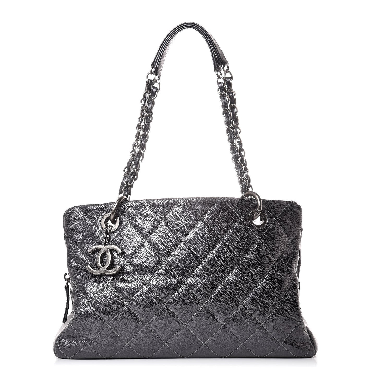 Iridescent Quilted Chic Caviar Shopping Tote Argent