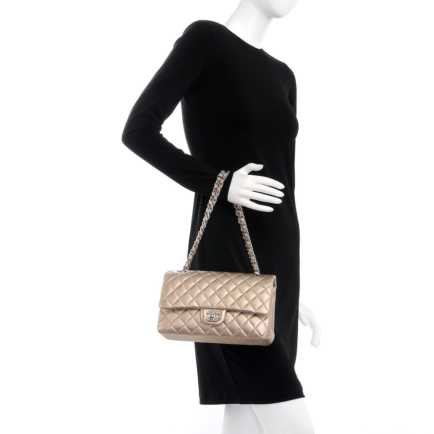 Metallic Lambskin Quilted Medium Double Flap Light Gold