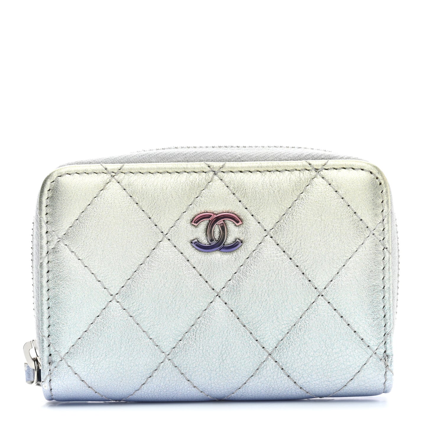 Gradient Metallic Calfskin Quilted Zip Around Coin Purse Wallet Silver Blue Yellow Purple