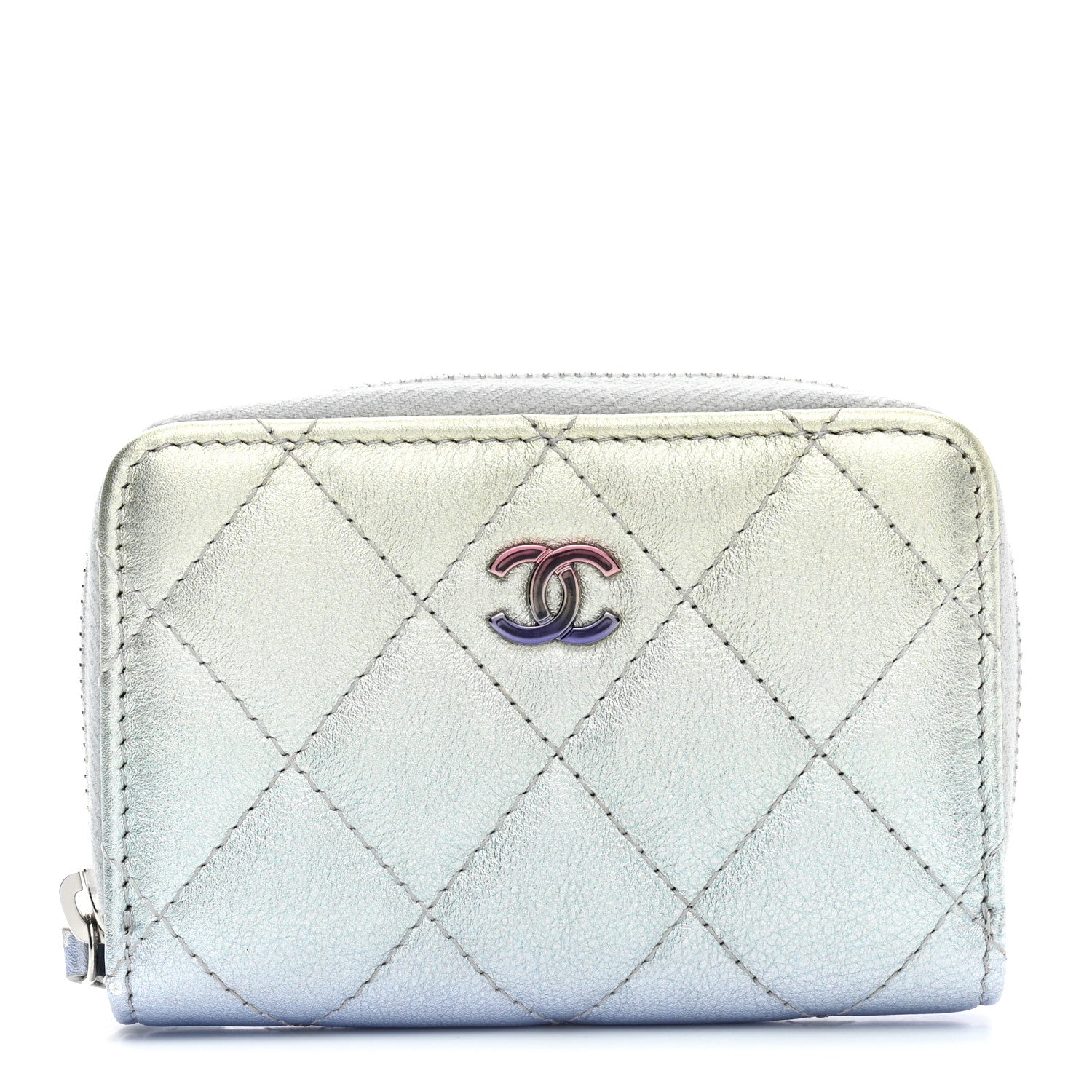 Chanel Gradient Metallic Calfskin Quilted Zip Around Coin Purse Wallet Silver Blue Yellow Purple 1 of 9