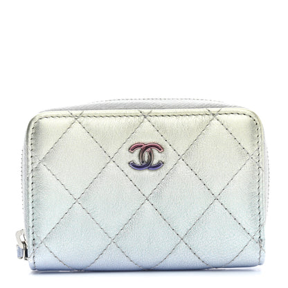Chanel Gradient Metallic Calfskin Quilted Zip Around Coin Purse Wallet Silver Blue Yellow Purple 1 of 9