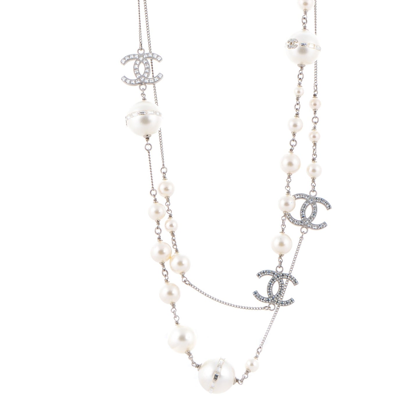 Baguette Crystal Pearl CC Long Necklace Silver