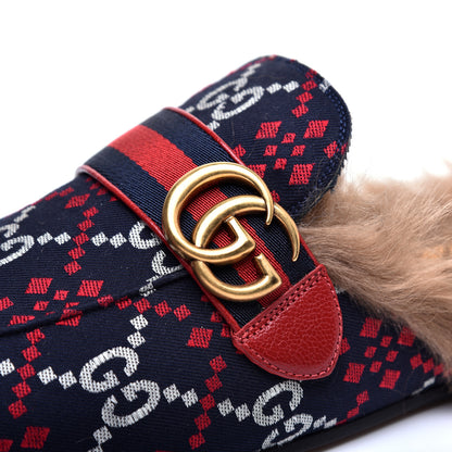 Gucci Canvas GG Monogram Diamond Fur Web GG Mens Princetown Slippers 8 Midnight Blue Hibiscus Red 8 of 9