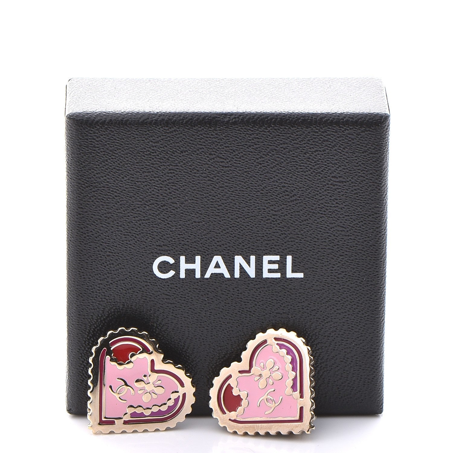 Chanel Enamel CC Heart Clip On Earrings Gold Pink 5 of 5