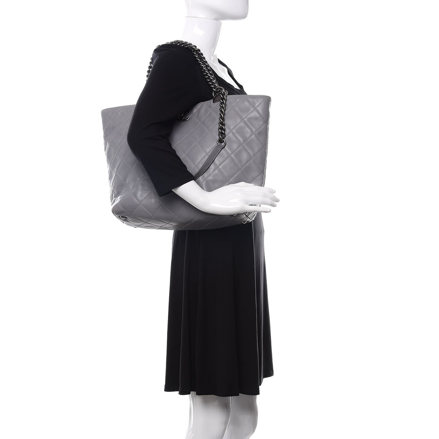 Chanel Calfskin Quilted Large Shopping In Chains Tote Light Grey 3 of 13