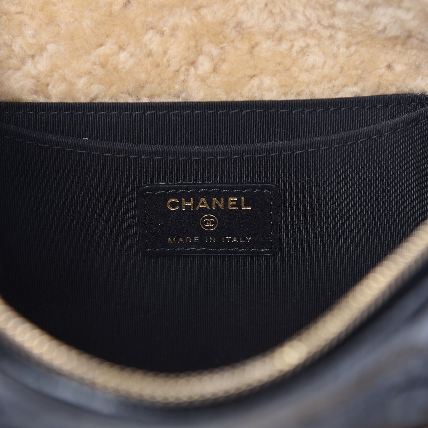 Shiny Crumpled Sheepskin Shearling Medium Cosmetic Case Black Beige