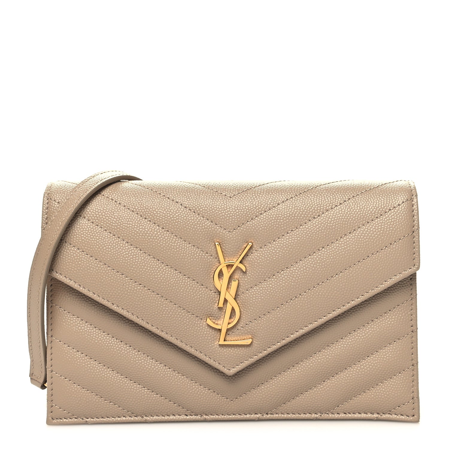 Saint Laurent Grain De Poudre Matelasse Chevron Monogram Envelope Chain Wallet Dark Beige 1 of 11