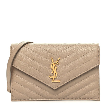 Saint Laurent Grain De Poudre Matelasse Chevron Monogram Envelope Chain Wallet Dark Beige 1 of 11
