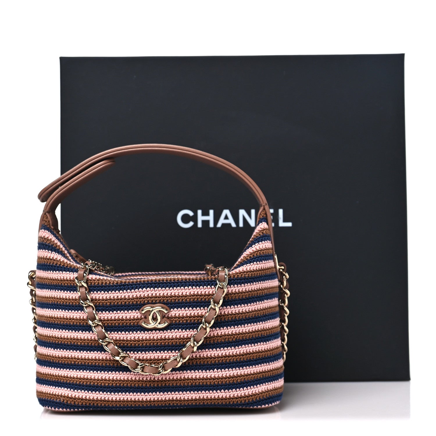 Chanel Crochet Lambskin Coco Crochet Hobo Clutch With Chain Brown Pink Navy 12 of 12