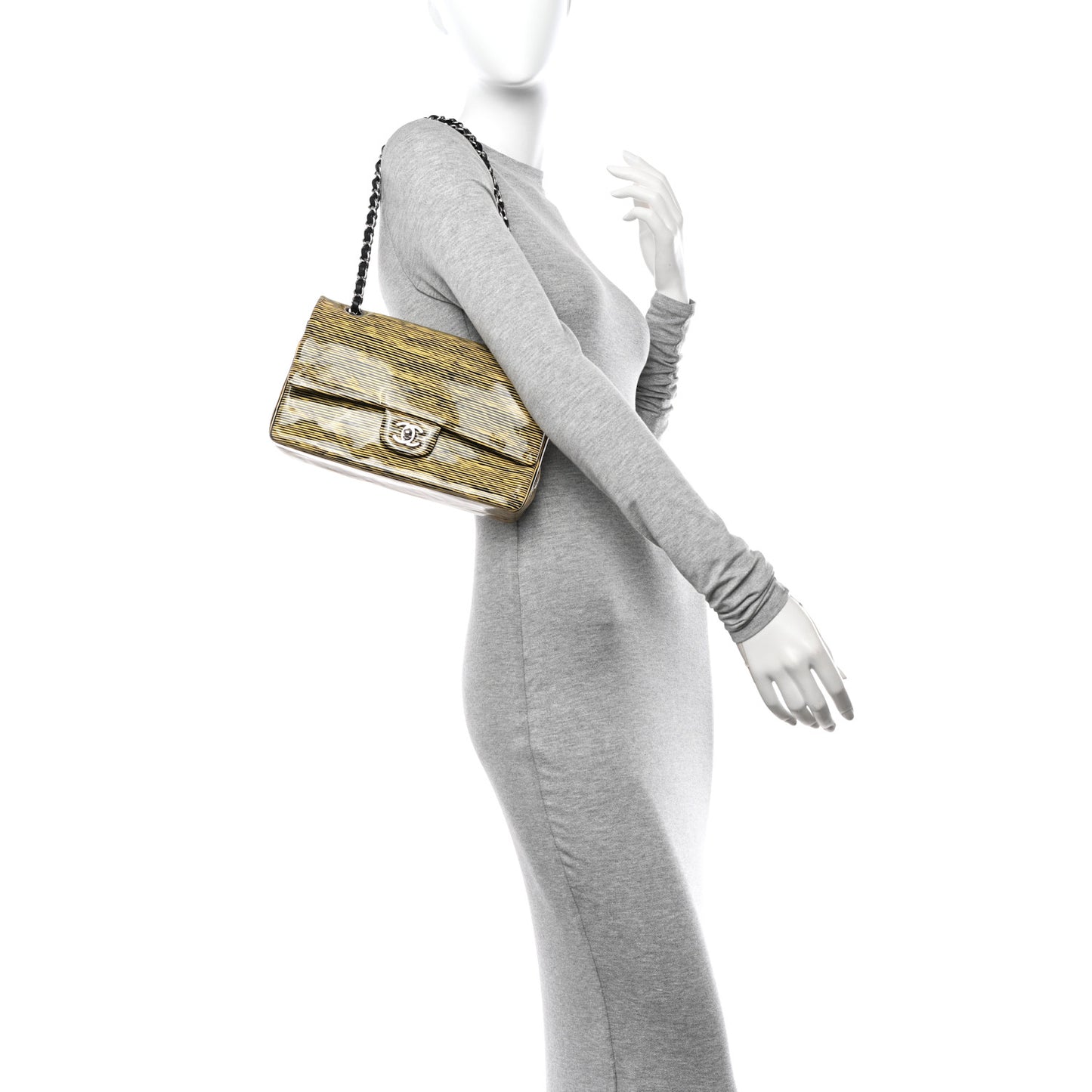 Patent Calfskin Striped Medium Double Flap Yellow Black