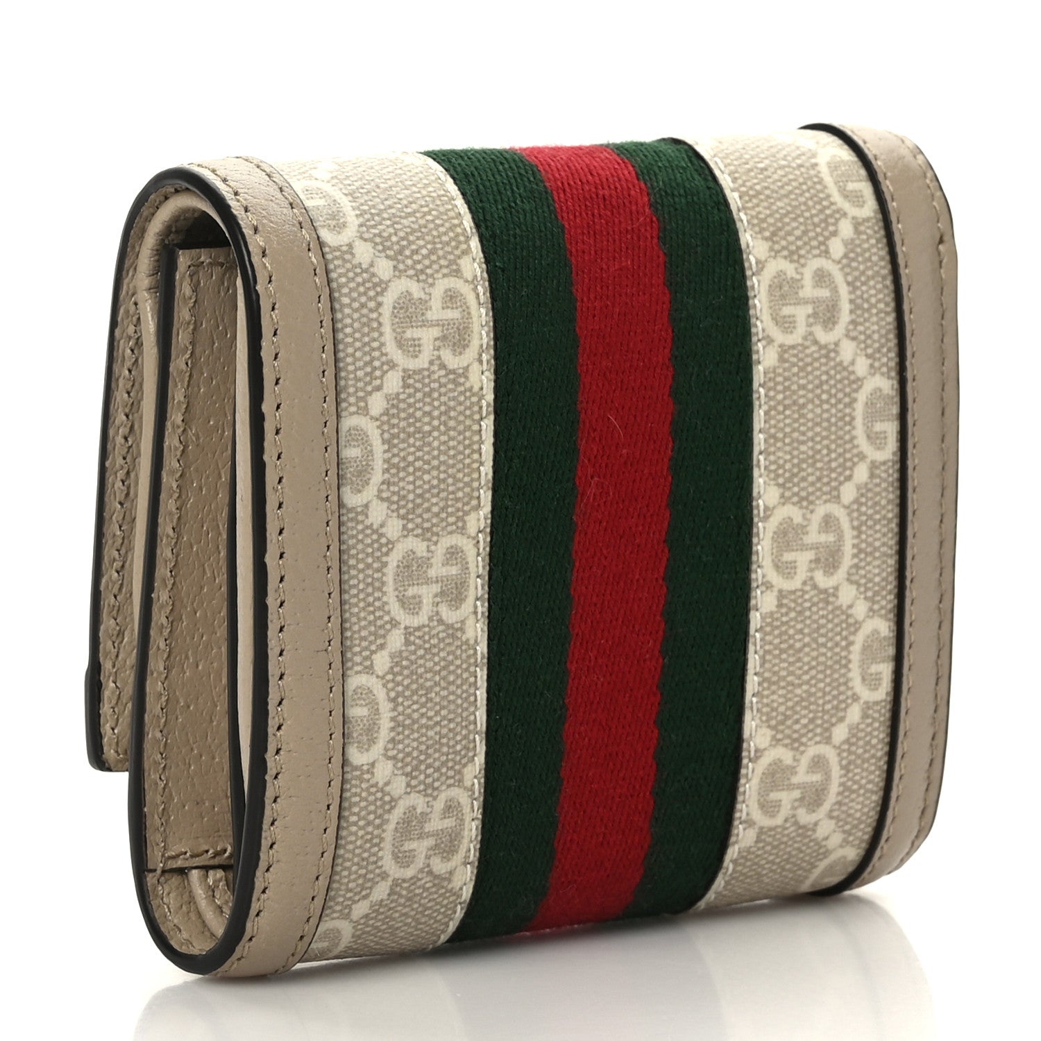 Gucci GG Supreme Monogram Textured Dollar Calfskin Web Ophidia Card Case Wallet Beige Mystic White Oatmeal 3 of 8