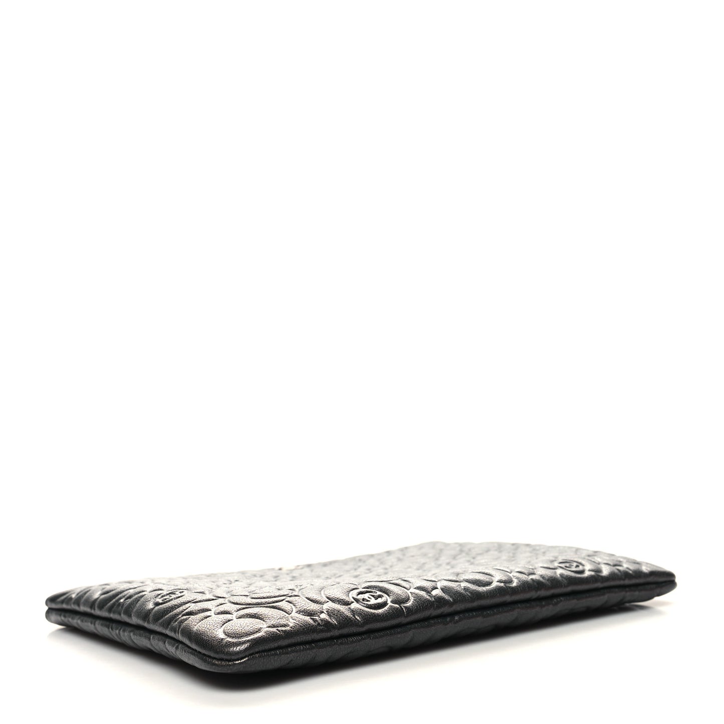 Goatskin Camellia Embossed Medium Cosmetic Case Dark Grey