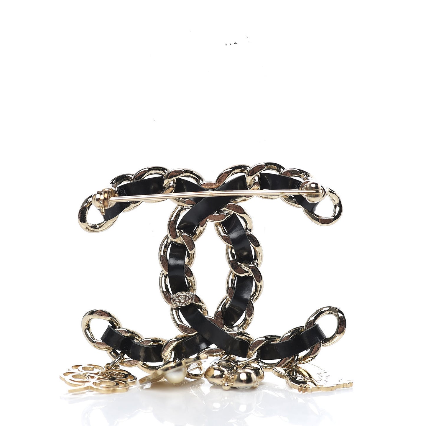 Lambskin Crystal Chain CC Charms Brooch Black Gold