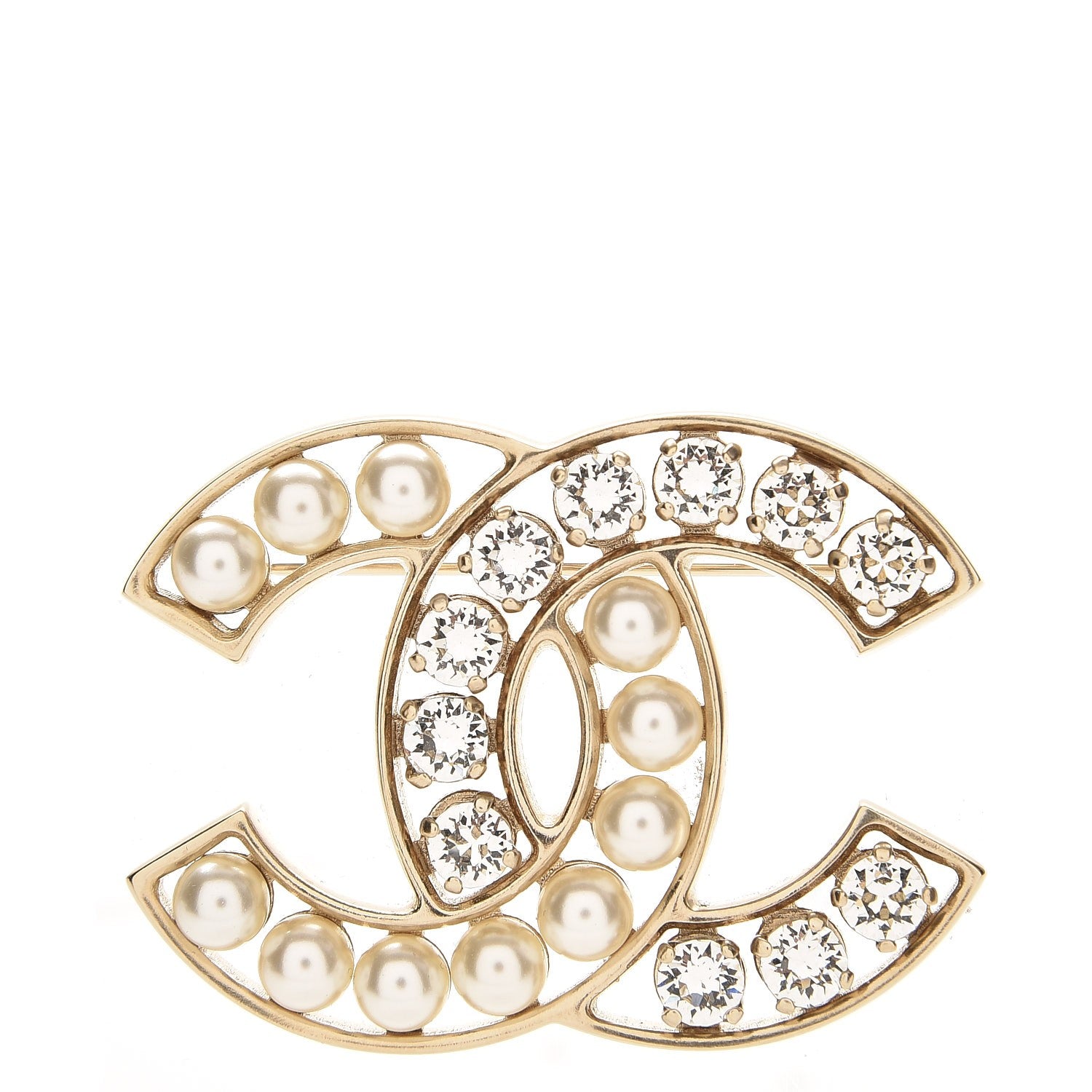 Chanel Pearl Crystal CC Brooch Gold 1 of 4