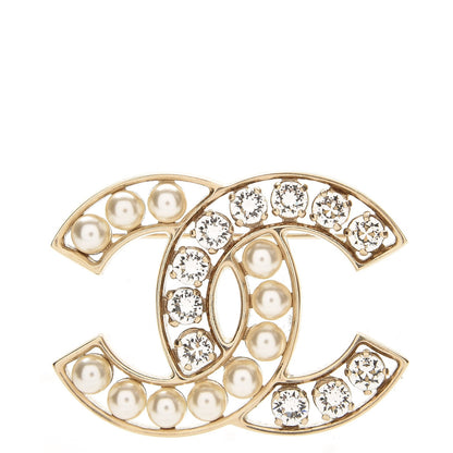 Chanel Pearl Crystal CC Brooch Gold 1 of 4
