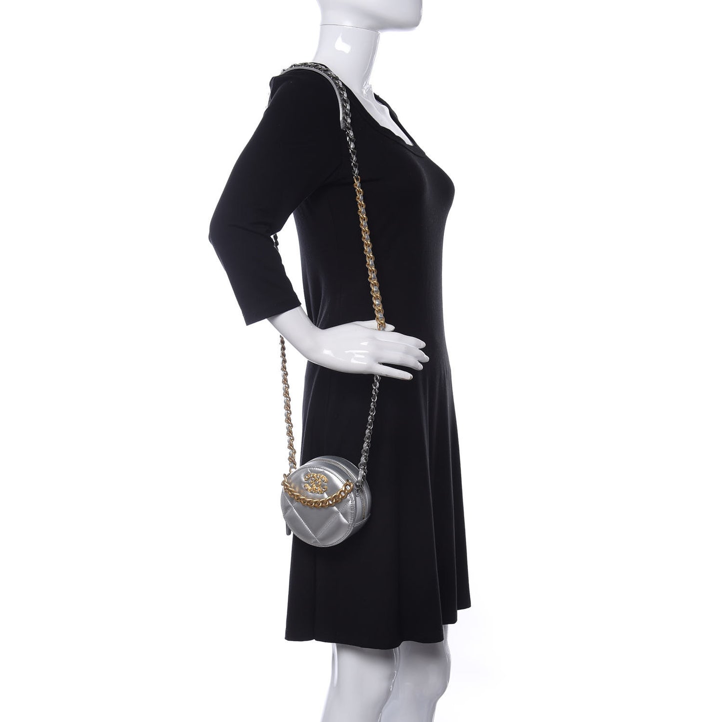 Metallic Lambskin Quilted Chanel 19 Round Clutch With Chain Silver