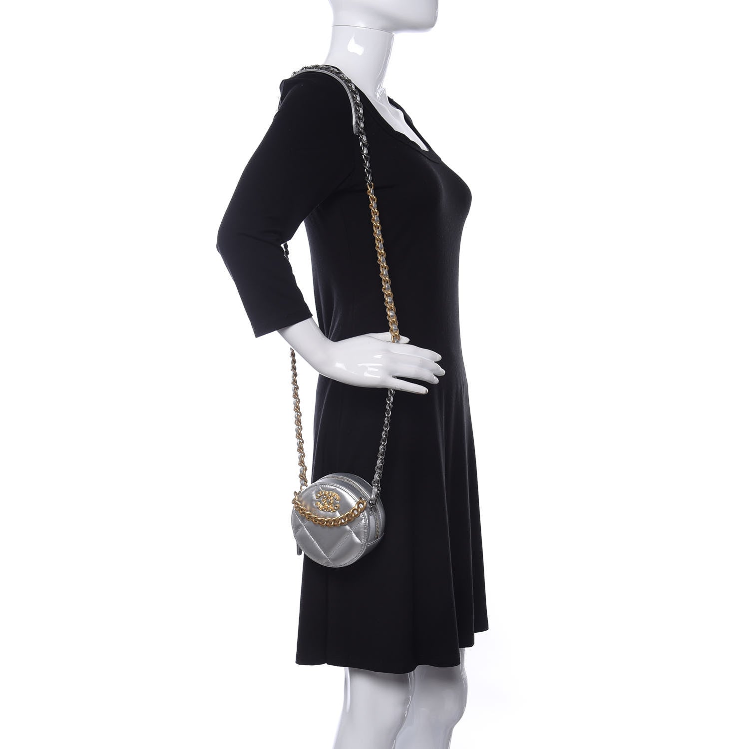 Chanel Metallic Lambskin Quilted Chanel 19 Round Clutch With Chain Silver 2 of 11