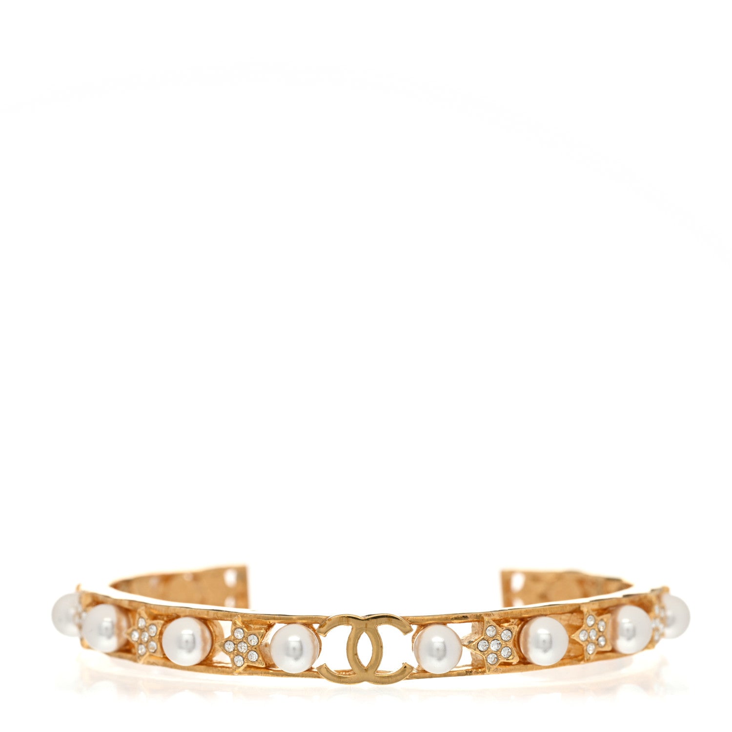 Chanel Pearl Crystal CC Star Cuff Bracelet Gold 1 of 5